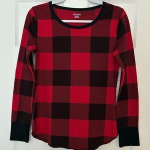 Old Navy Buffalo Plaid Thermal Top Womens M Red Black Long Sleeve Waffle Knit